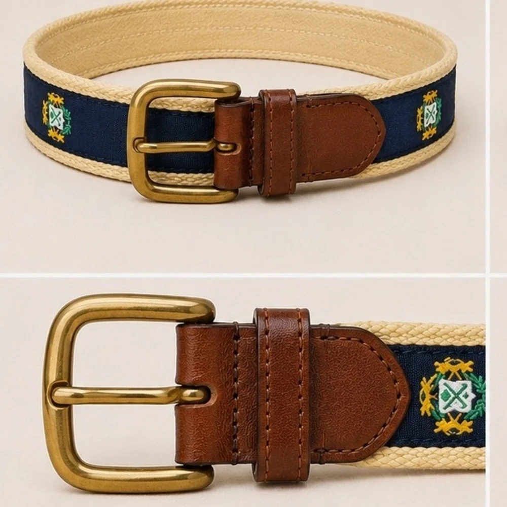 Leather Essex CT Made Mens Yellow Navy Crest Belt Leather Preppy Yacht Size 40